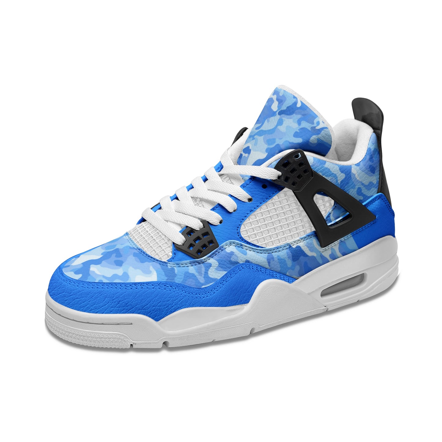 Camo Basketball Sneakers, Blue Mid Tops, Light Blue Sneakers on white background as a product image.