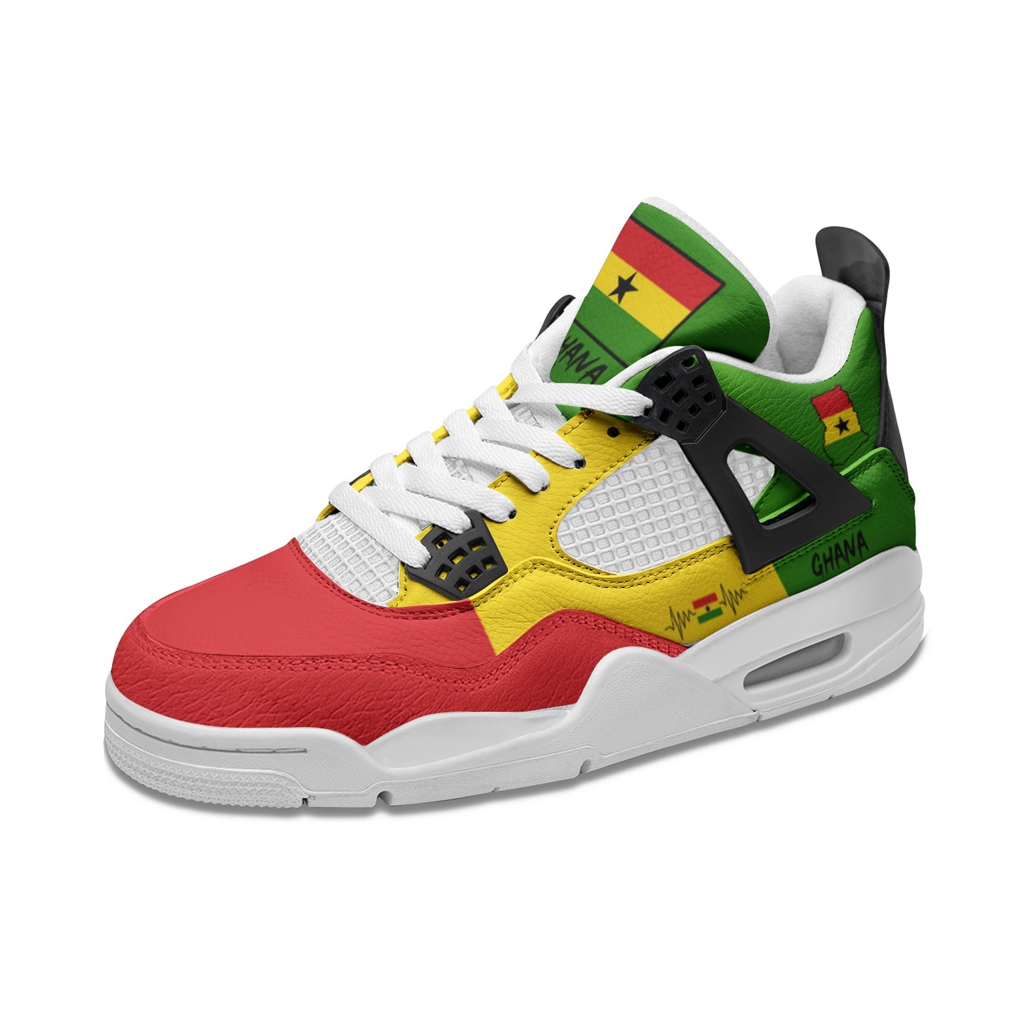 Ghana Flag Shoes - Rebel Sole mid top sneaker in Red, Yellow, Green, Black - left side profile view