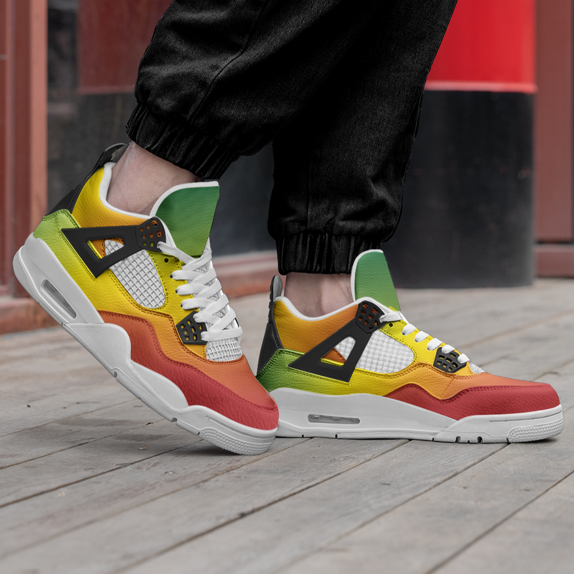 Rasta Mens Shoes, Womens Rasta Shoes, Jamaican Colors Shoes on a white background as a product image.