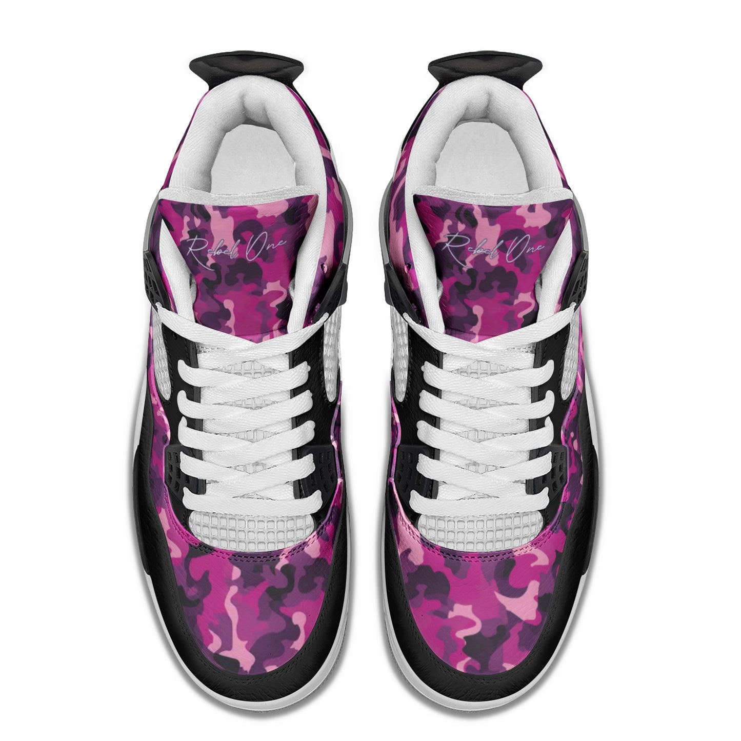 Pink Purple Camo Mid Shoes with camo print in purple/pink colorway