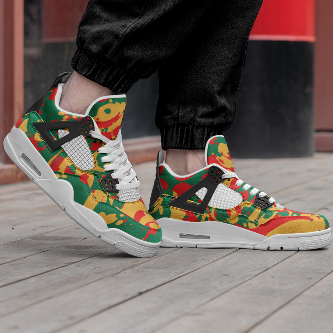 Rasta Mens Shoes, Womens Rasta Shoes, Jamaican Colors Shoes on a white background as a product image.