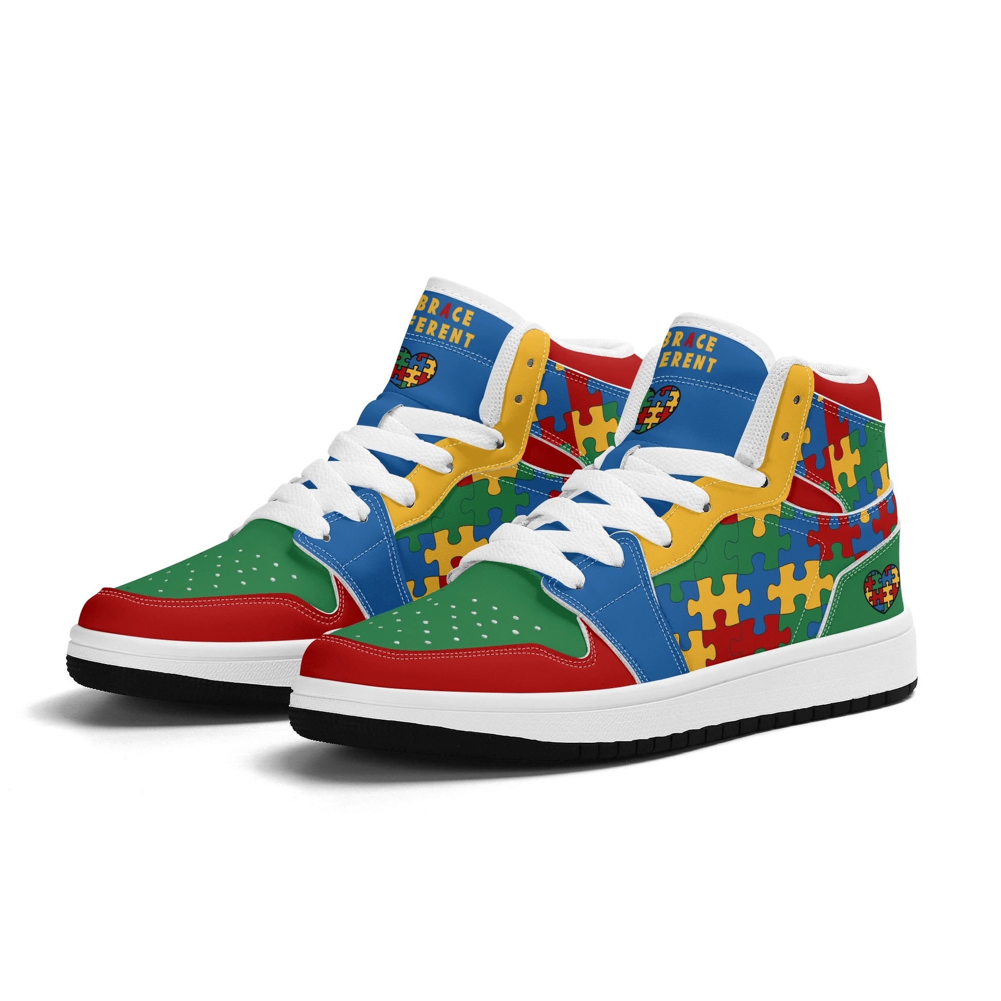 Pair of unisex autism awareness sneakers for kids in blue, red, green, and yellow