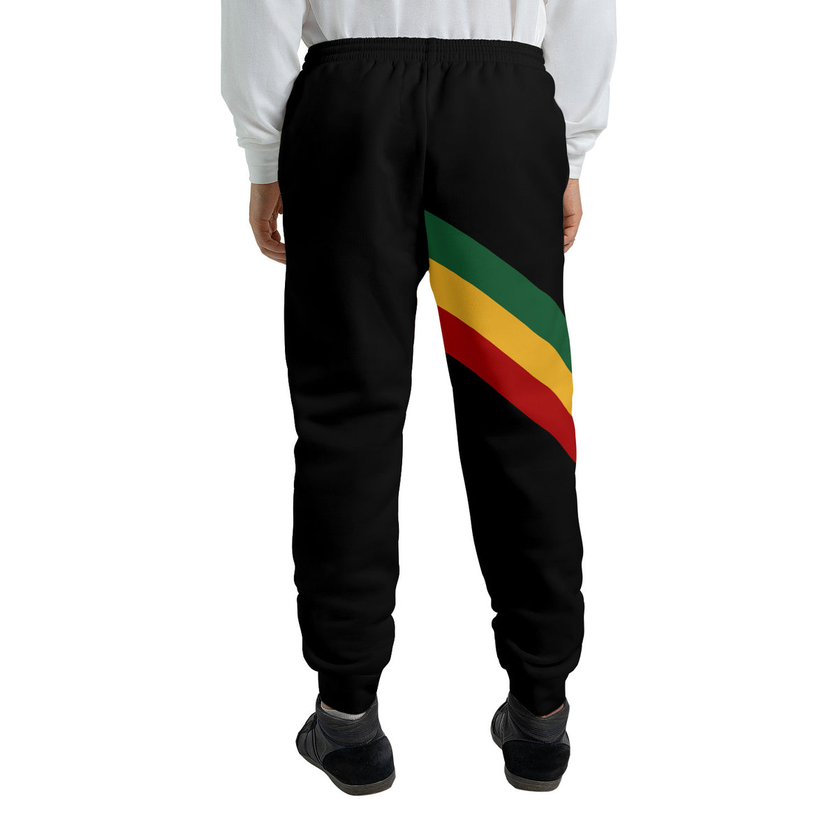 Black Rasta Lion of Judah jogger sweatpants with a green, gold and red diagonal sash and a Selassie lion crest at the hip