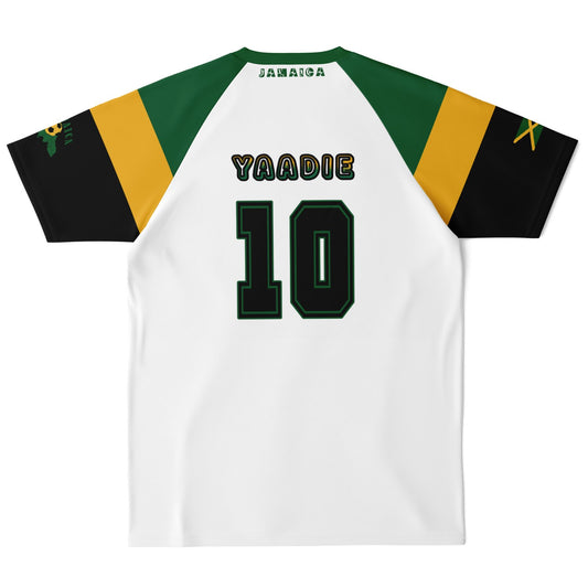Back of the white Jamaica jersey showing Yaadie and number 10 with no map graphic below.