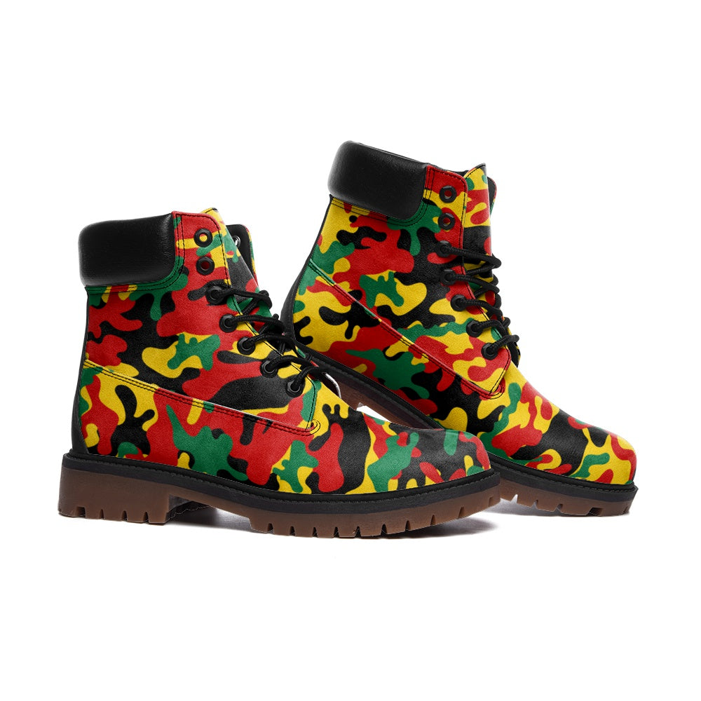 Rasta Combat Camo Shoes with camo print in red/gold/green colorway
