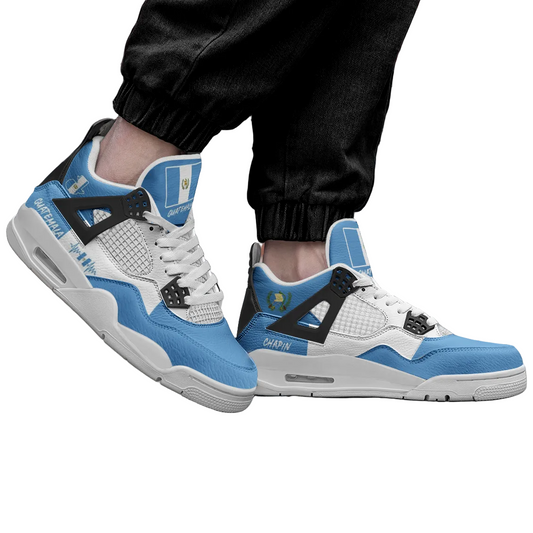 Guatemala flag Rebel Sole mid top sneakers with blue and white design, white laces, Guatemala side detail, and Guatemalan pride accents