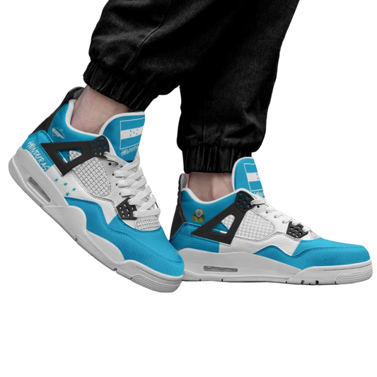 Honduras flag Rebel Sole mid top sneakers with blue and white design, white laces, Honduras side detail, star accents, and Catracho pride artwork