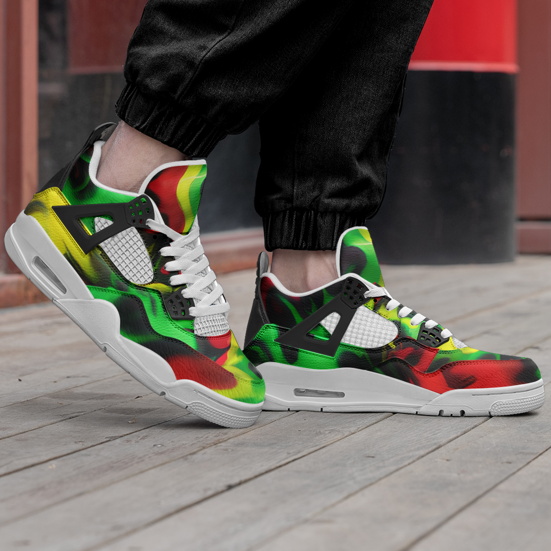Rasta Mens Shoes, Womens Rasta Shoes, Jamaican Colors Shoes on a white background as a product image.