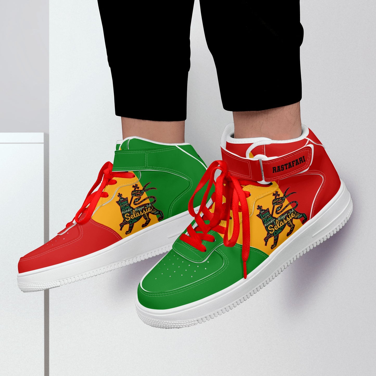 Rasta Lion Of Judah Shoes with lion graphic in red/gold/green colorway