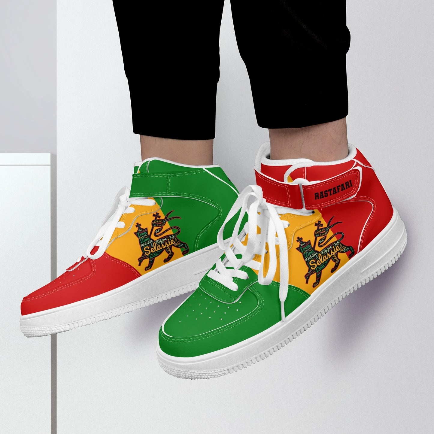 Rasta Lion Of Judah Shoes with lion graphic in red/gold/green colorway