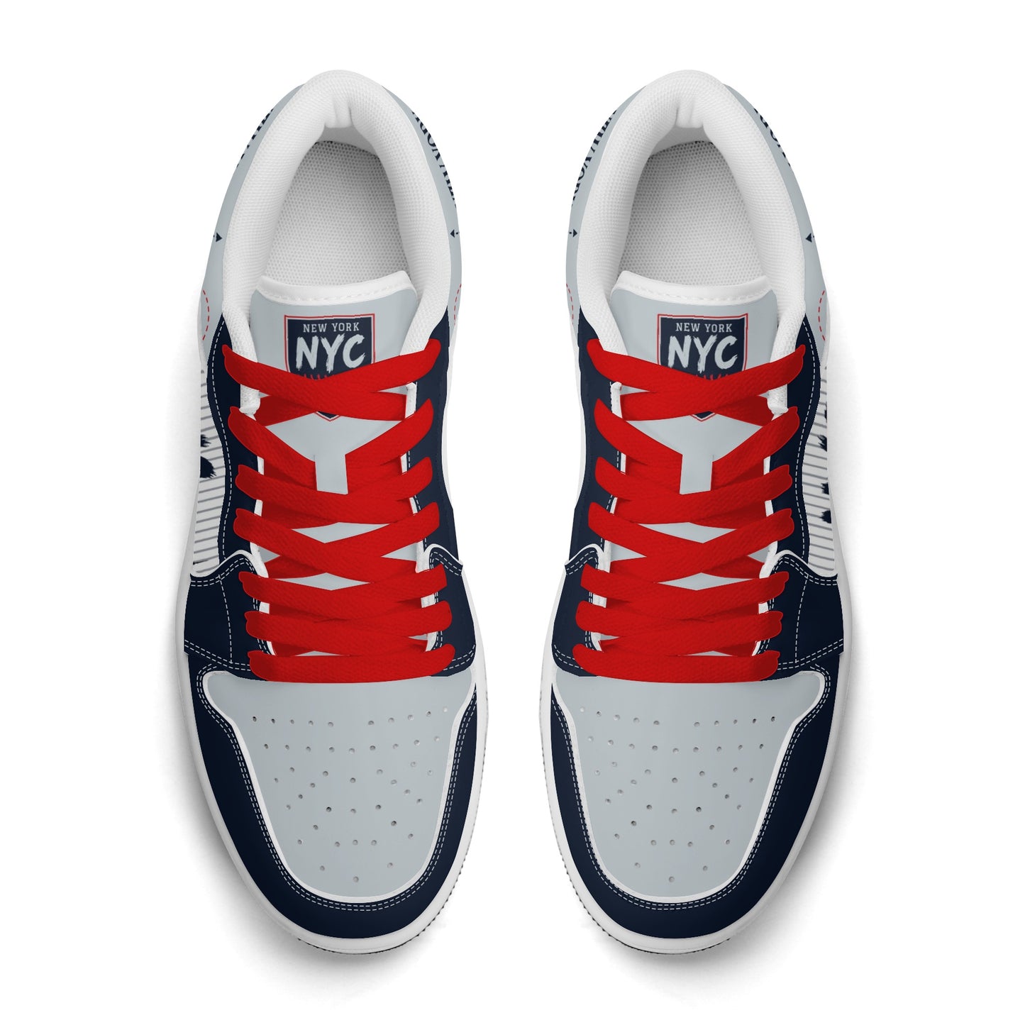 New York baseball-inspired Jamrock Low sneakers in navy and gray with red laces and white collar lining, top-down pair view
