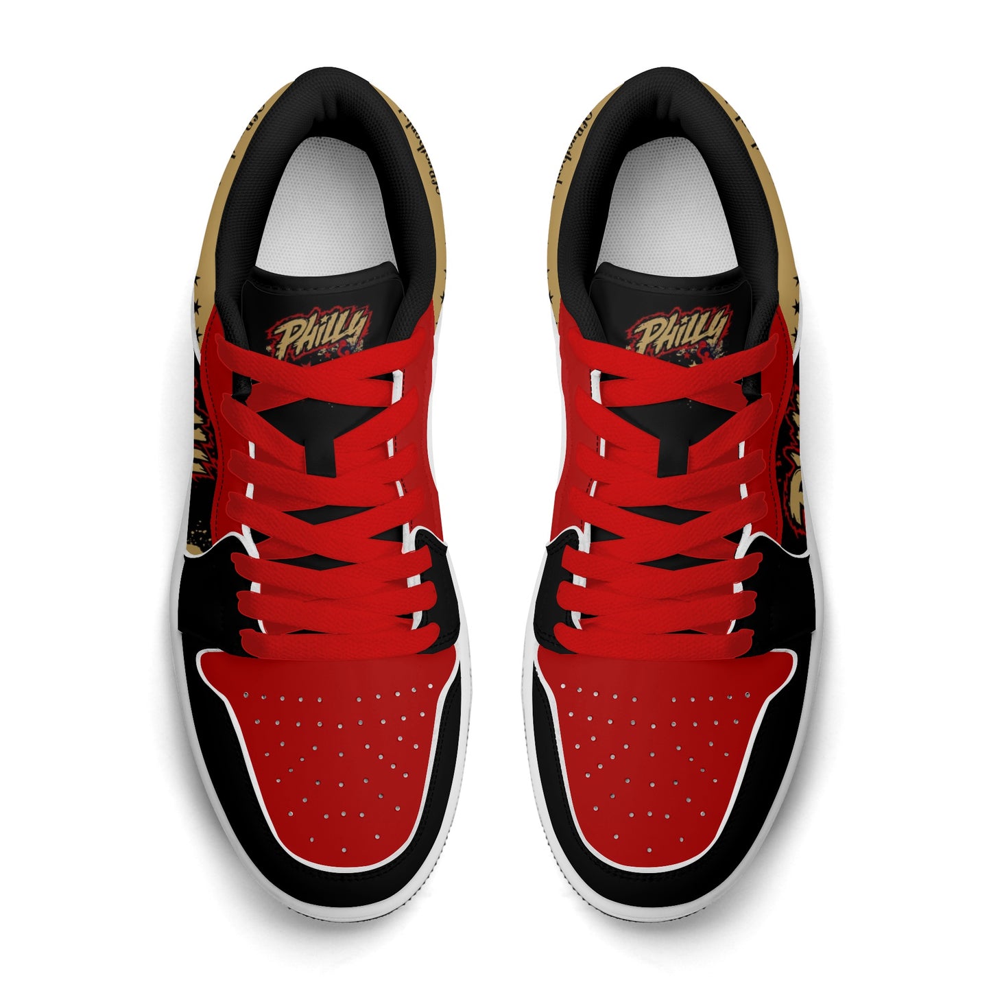 Philadelphia basketball-inspired Jamrock Low sneakers in black with red laces, top-down view of the pair