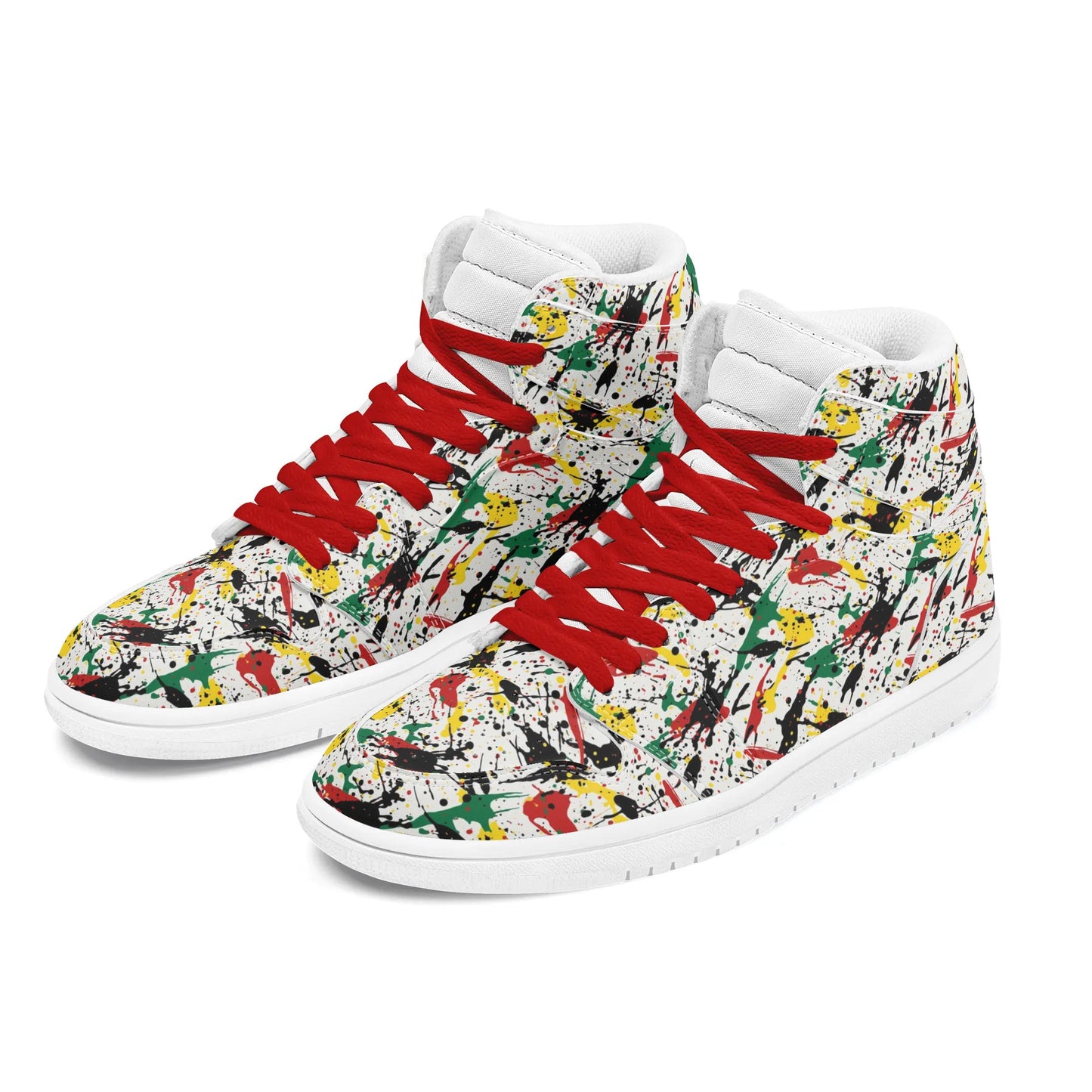 Rasta Paint Splatter Shoes in red/gold/green colorway