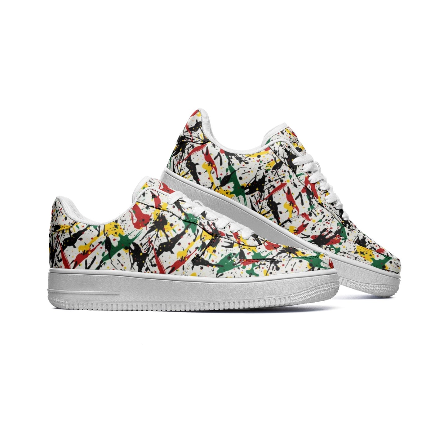 Rasta Paint Splatter Shoes in red/gold/green colorway