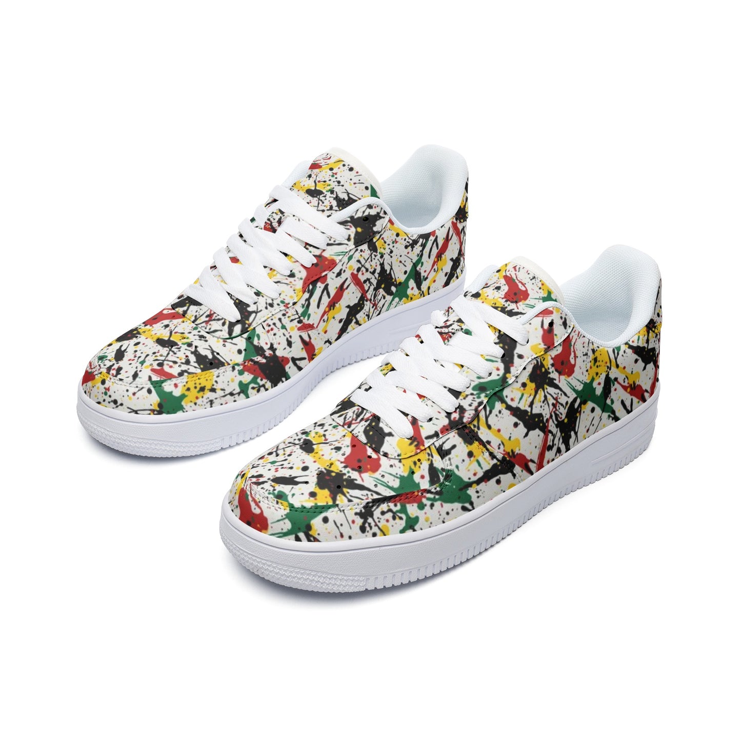 Rasta Paint Splatter Shoes in red/gold/green colorway