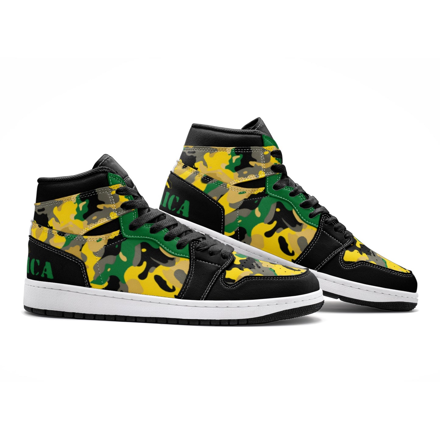 Jamaica Flag Camo Shoes with camo print in black/green/gold colorway