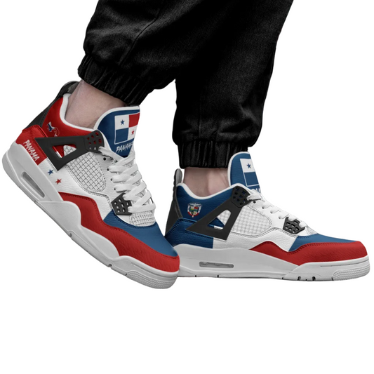 Panama flag Rebel Sole mid top sneakers with red white and blue design, white laces, Panama side detail, stars, and Panamanian pride accents