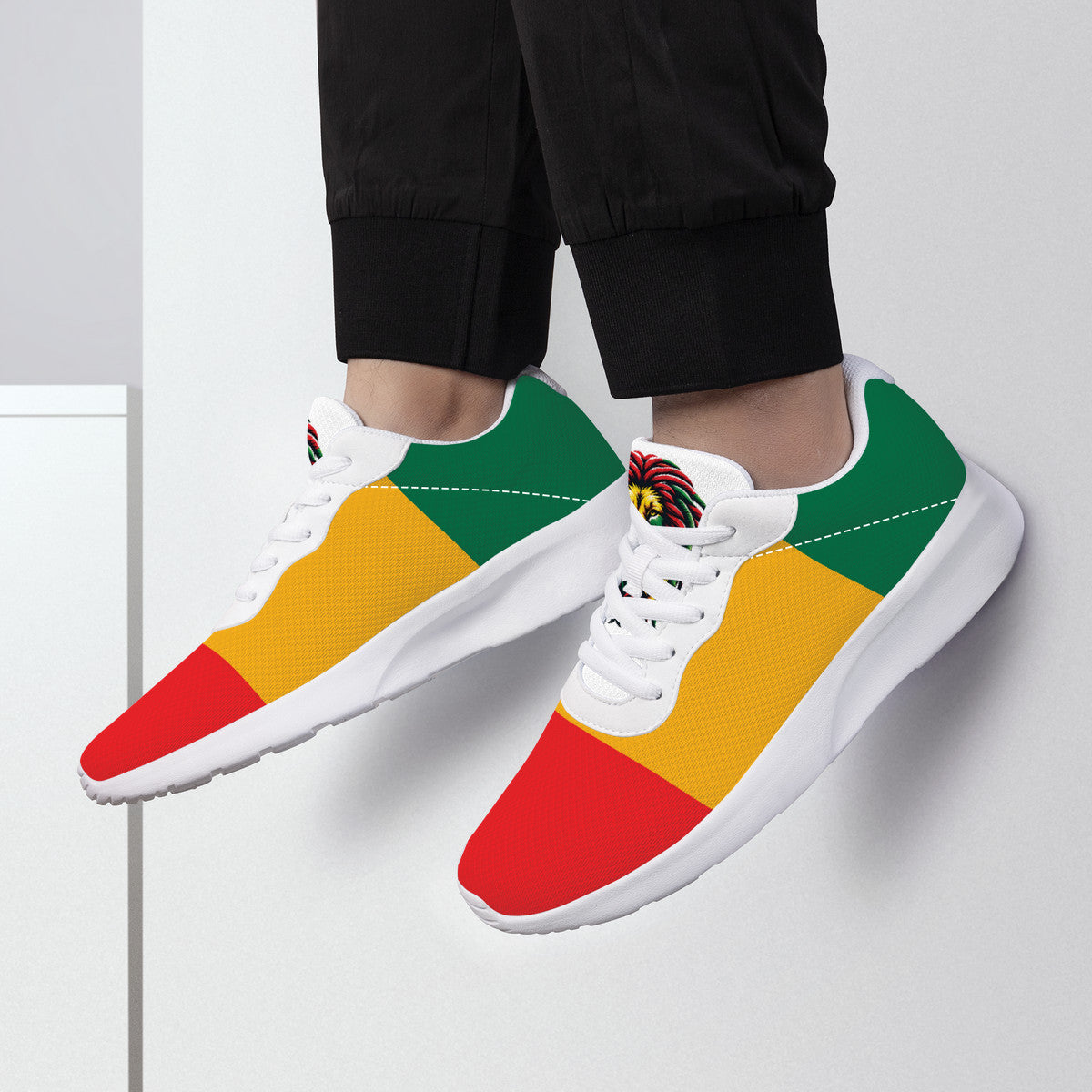 Rasta Mens Shoes, Womens Rasta Shoes, Jamaican Colors Shoes on a white background as a product image.