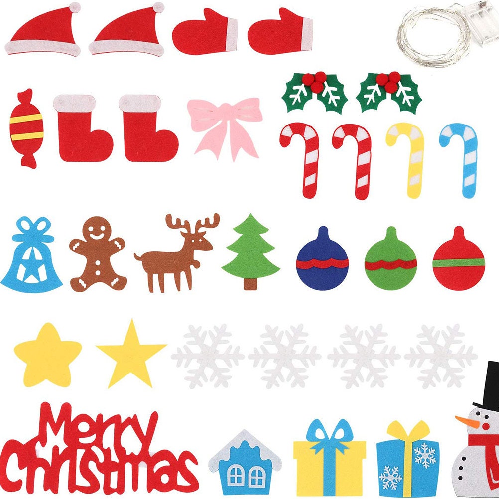 34pcs DIY Felt Christmas Tree Wall Hanging w/ LED String Lights | Felt Craft Kits for Christmas | Xmas Gifts for Kids | Home Decoration