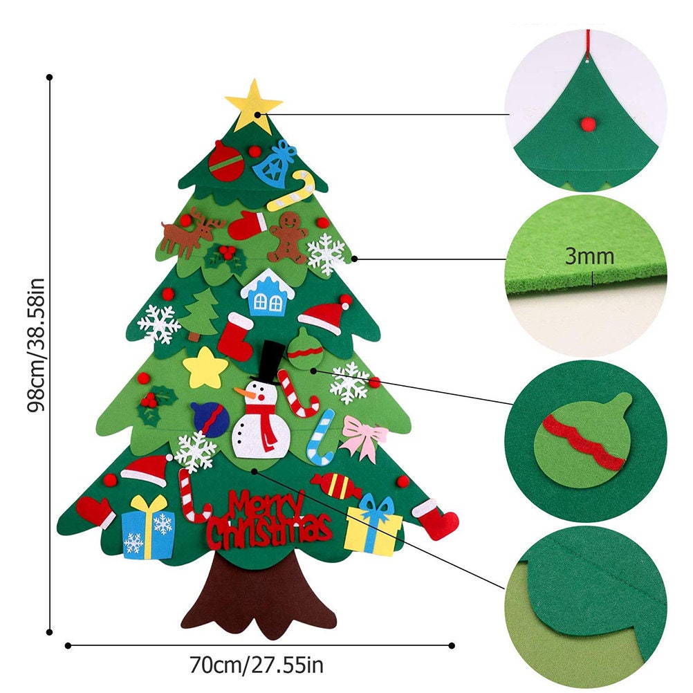 34pcs DIY Felt Christmas Tree Wall Hanging w/ LED String Lights | Felt Craft Kits for Christmas | Xmas Gifts for Kids | Home Decoration