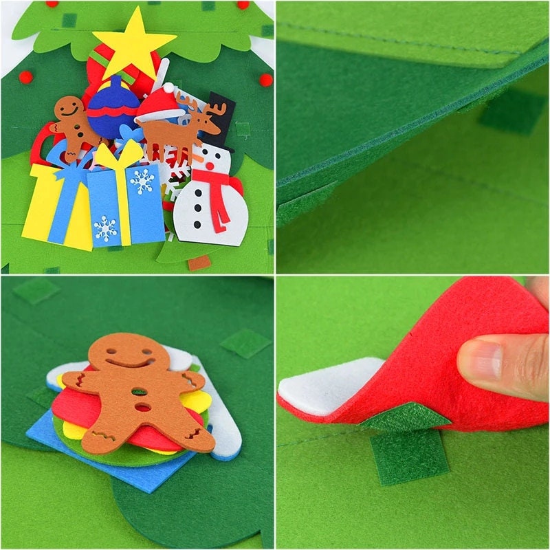 34pcs DIY Felt Christmas Tree Wall Hanging w/ LED String Lights | Felt Craft Kits for Christmas | Xmas Gifts for Kids | Home Decoration