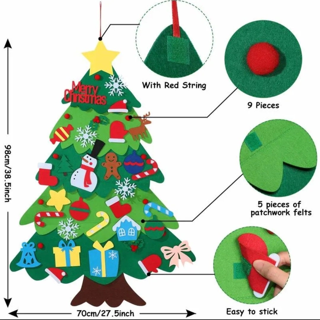 NEW 34pcs DIY Felt Christmas Tree Snowman Wall Hanging LED Light Craft Kit for Xmas Gifts for Kids Home Party Decoration Ornaments Toddlers