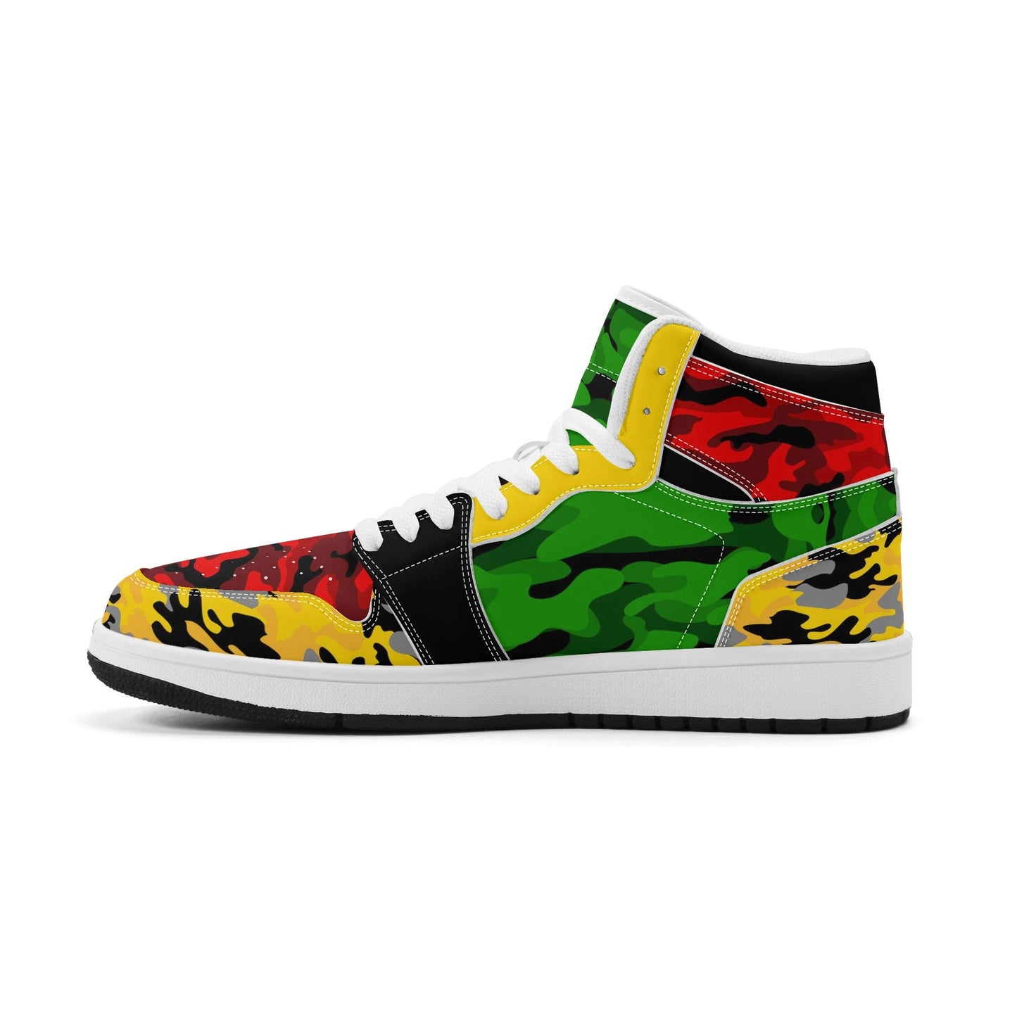 Rasta Mens Shoes, Womens Rasta Shoes, Jamaican Colors Shoes on a white background as a product mockup.