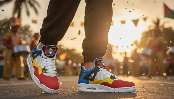 Antiguan Culture: Carnival, Music, Food & Flag Pride featured image showing Antigua and Barbuda Flag Shoes - Rebel Sole Mid Top Sneakers in a lifestyle scene