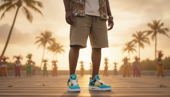 Bahamian Culture: Junkanoo, Music, Food & Island Pride featured image showing Bahamas Flag Shoes - Rebel Sole Mid Top Sneakers in a lifestyle scene