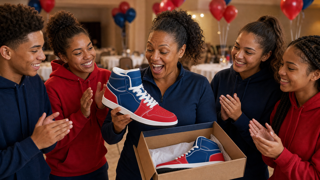 A basketball coach laughing as she lifts a red and navy high top sneaker from a box while her players clap at an end of season banquet