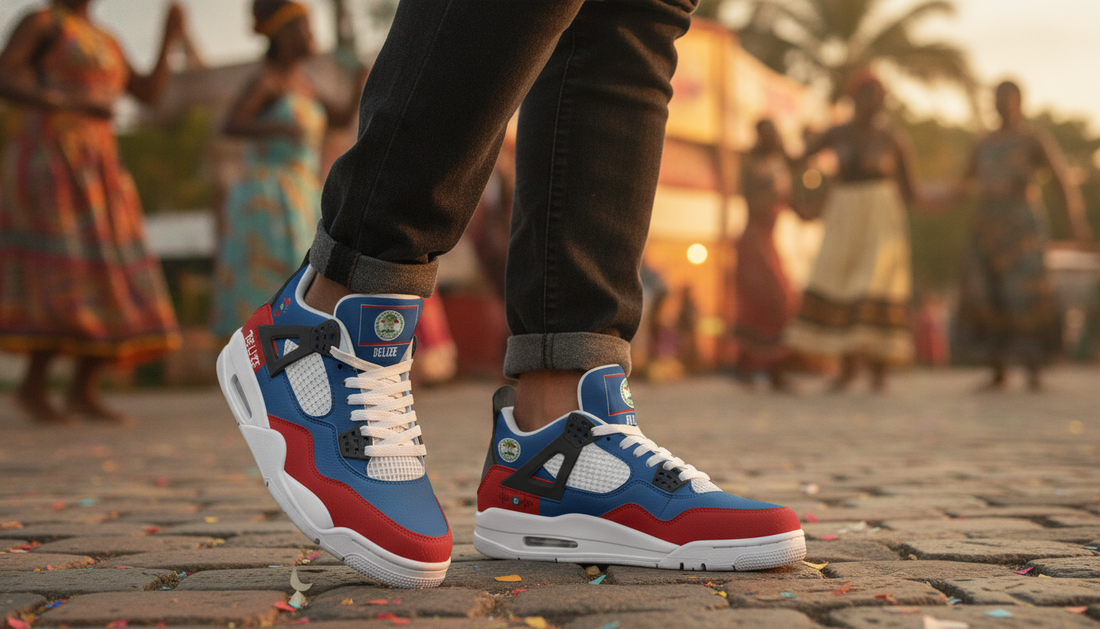 Belizean Culture: Garifuna, Music, Food & Flag Pride featured image showing Belize Flag Shoes - Rebel Sole Mid Top Sneakers in a lifestyle scene