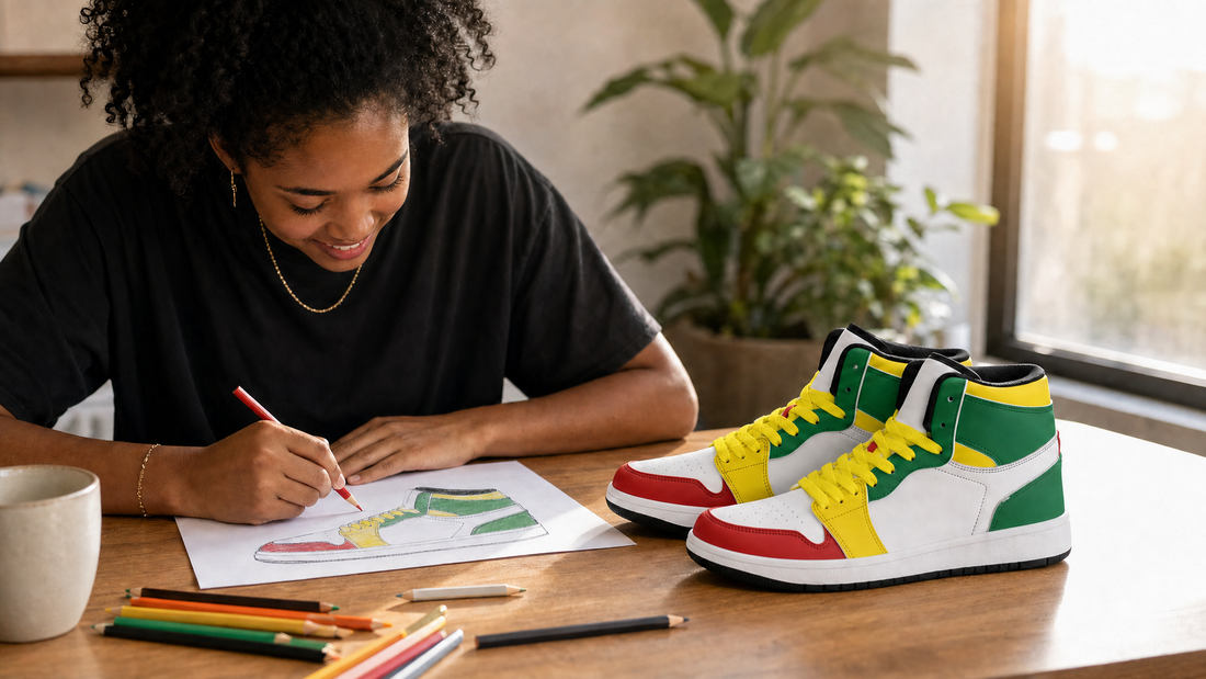 A young woman coloring a pencil sketch of a high top sneaker beside the finished red, white, yellow and green pair on her desk