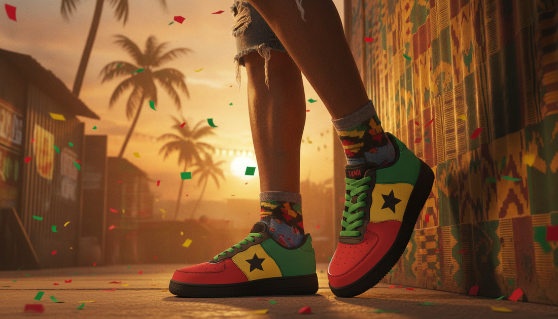 Ghanaian Culture: Music, Jollof, Flag & Pride featured image showing Ghana Flag Shoes - IrieTrod Low Sneakers in a lifestyle scene