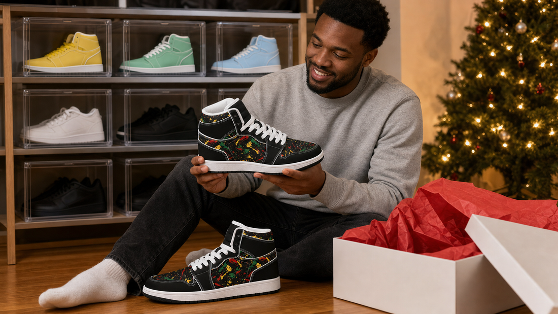 A man on the floor beside an open gift box, smiling at a black high top sneaker with red, green and gold paint splatter, with sneakers in clear display boxes behind him