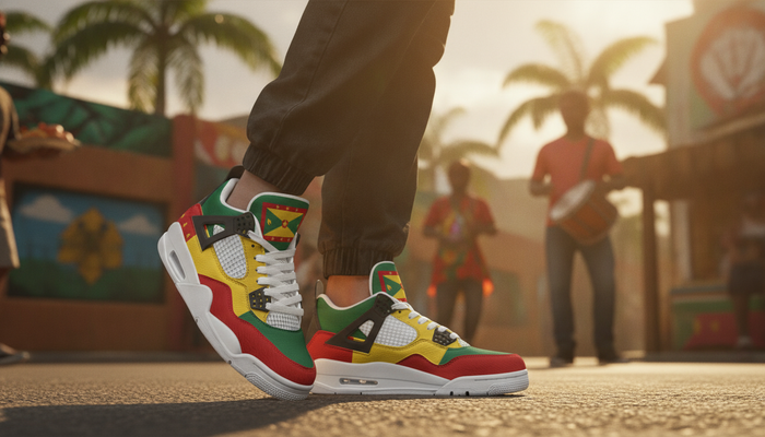 Grenadian Culture: Spicemas, Music, Food & Flag Pride featured image showing Grenada Flag Shoes - Rebel Sole Mid Top Sneakers in a lifestyle scene