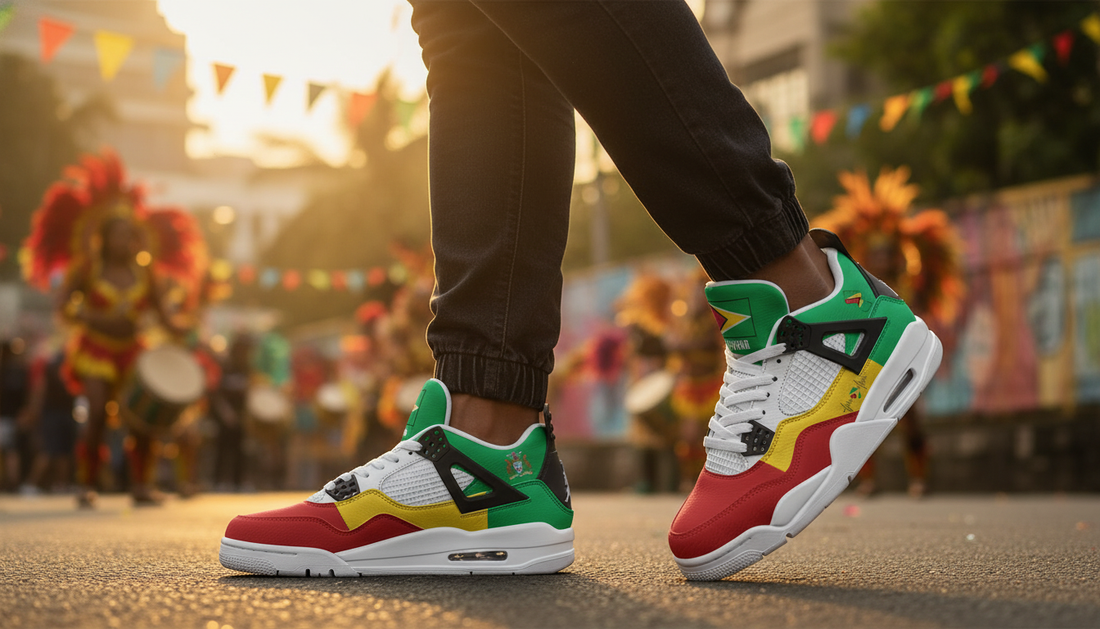 Guyanese Culture: Music, Mashramani, Fashion & Flag Pride featured image showing Guyana Flag Shoes - Rebel Sole Mid Top Sneakers in a lifestyle scene