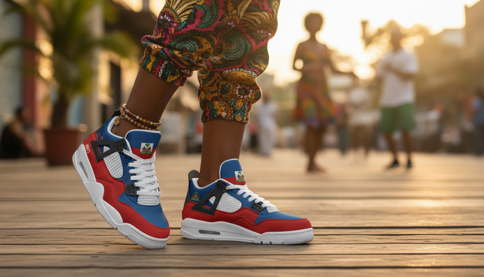 Haitian Culture: Music, Heritage, Fashion & Flag Pride featured image showing Haiti Flag Shoes - Rebel Sole Mid Top Sneakers in a lifestyle scene