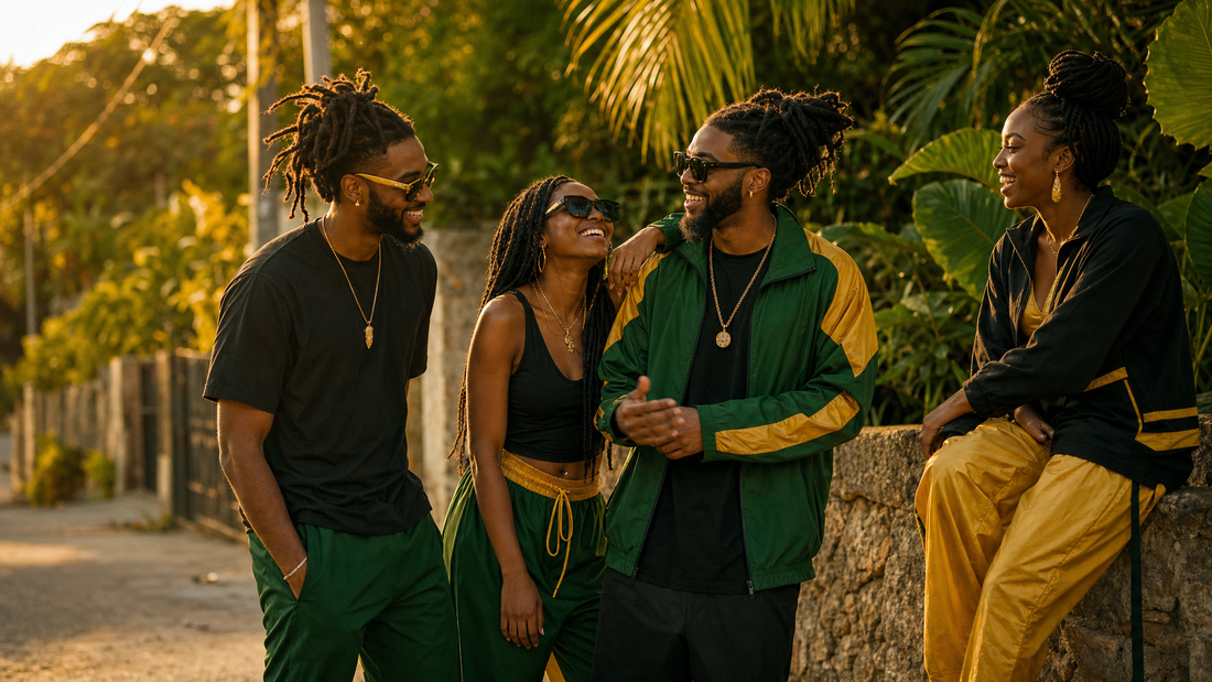 Friends in black, green and gold outfits, the Jamaican colors, laughing at golden hour