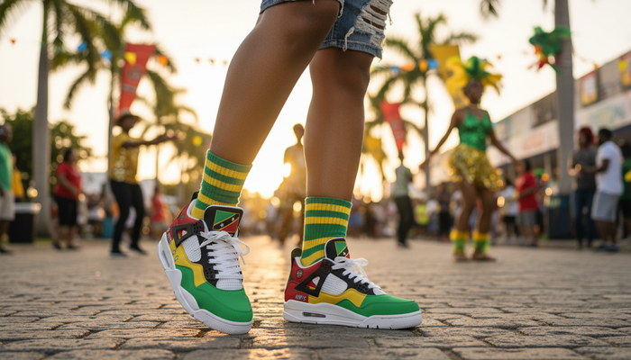 Saint Kitts and Nevis Culture: Music, Sugar Mas, Food & Flag Pride featured image showing Saint Kitts and Nevis Flag Shoes - Rebel Sole Mid Top Sneakers in a lifestyle scene