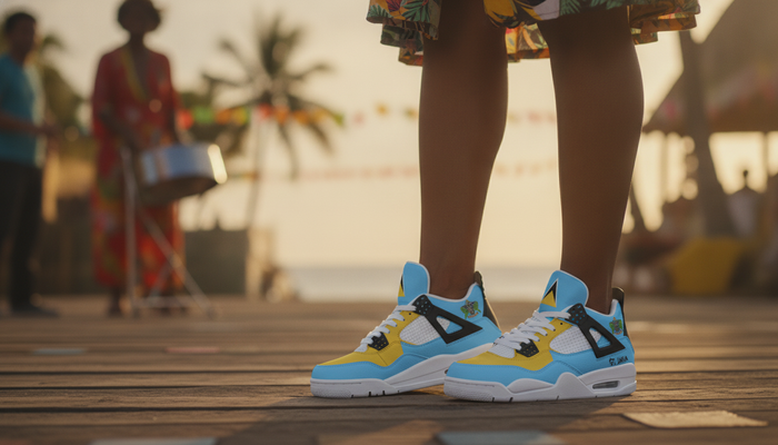 Saint Lucian Culture: Food, Carnival, Music & Flag Pride featured image showing Saint Lucia Flag Shoes - Rebel Sole Mid Top Sneakers in a lifestyle scene
