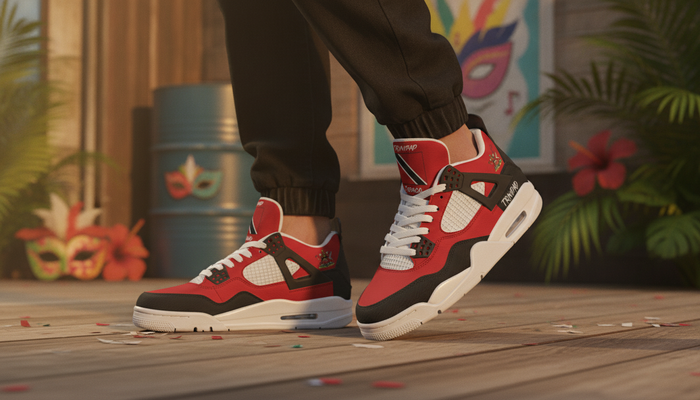 Trinidad and Tobago Culture: Music, Carnival, Fashion & Flag Pride featured image showing Trinidad and Tobago Flag Shoes - Rebel Sole Mid Top Sneakers in a lifestyle scene