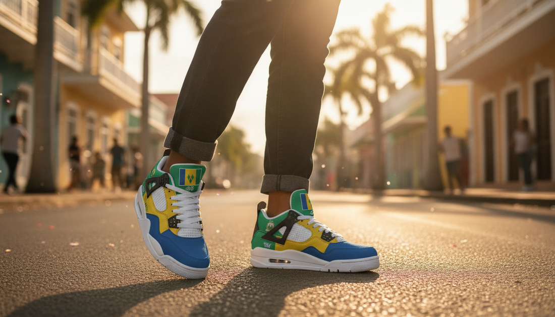 Vincentian Culture: Vincy Mas, Music, Food & Flag Pride featured image showing Saint Vincent Flag Shoes - Rebel Sole Mid Top Sneakers in a lifestyle scene