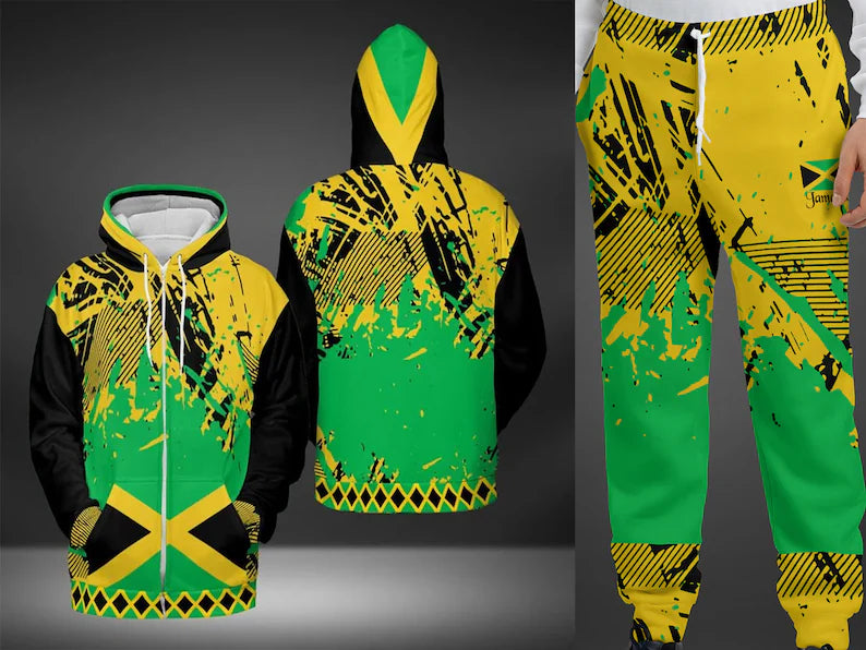 Jamaican Clothing, Jamaica Flag Pocket Hoodie and Flag Colored Matching Joggers