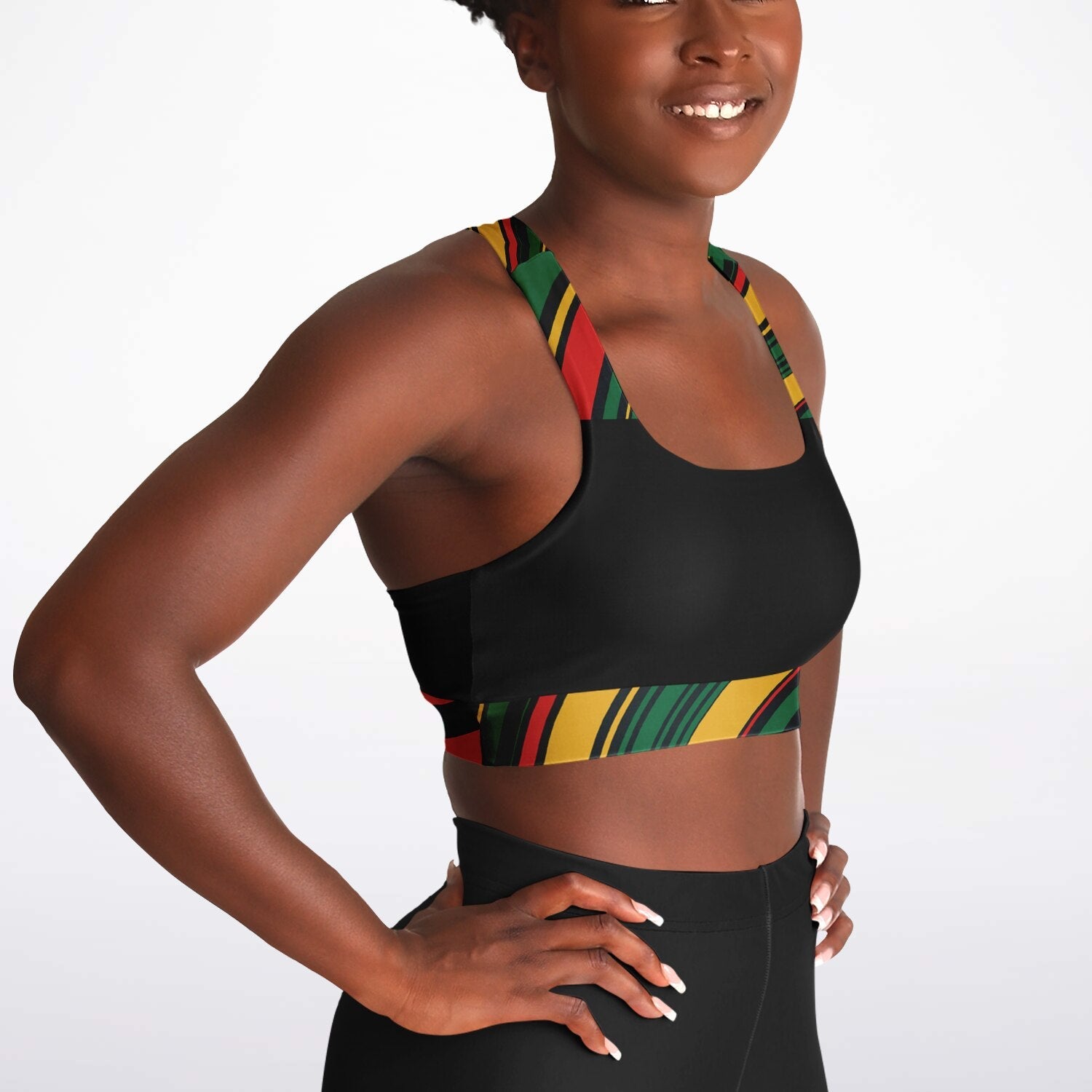Rasta Padded Sports Bra that is black, red, green and gold
