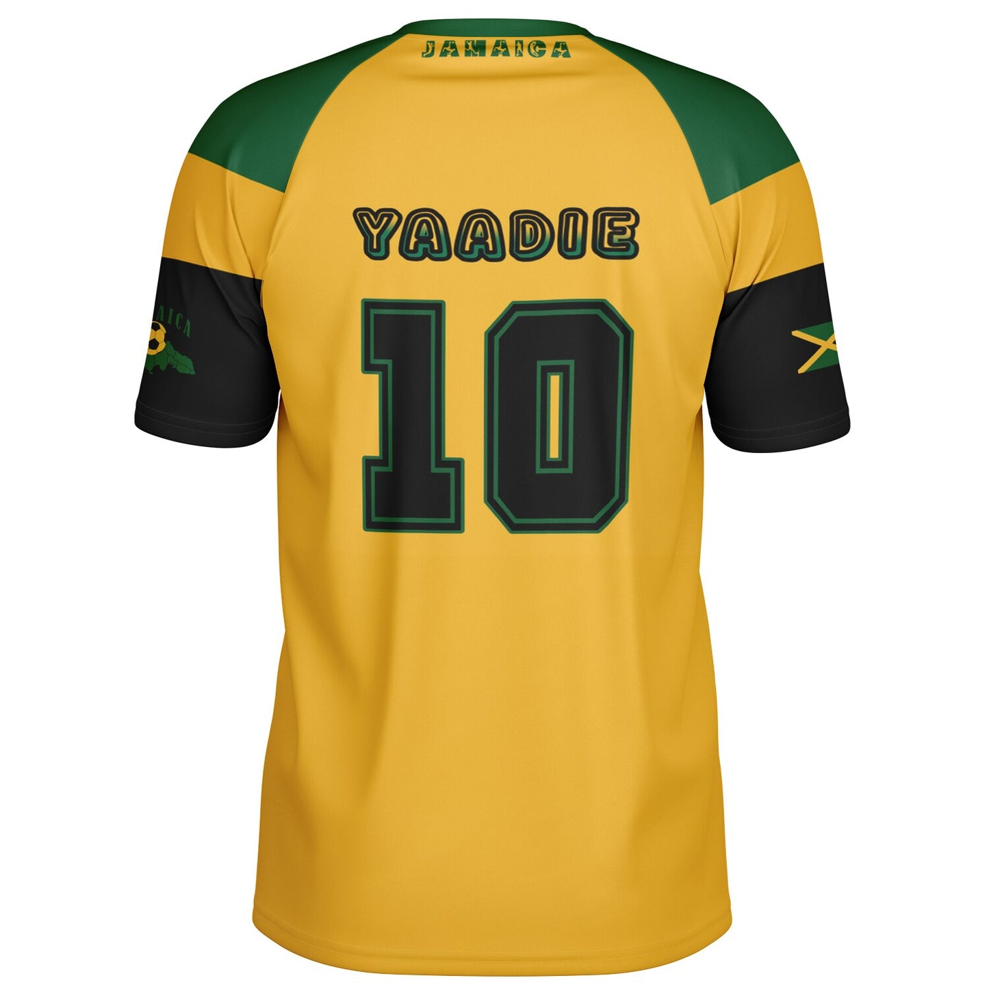 Angled back view showing Jamaica collar wordmark, Yaadie name, number 10 and flag on sleeve.