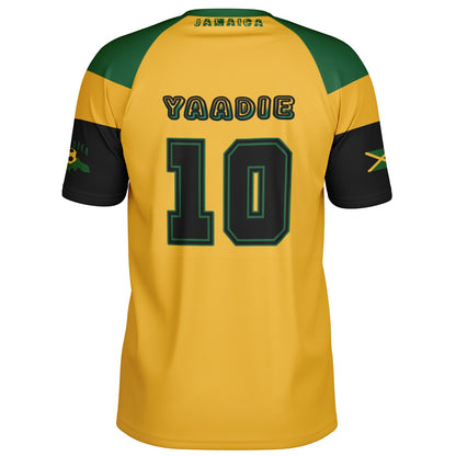 Angled back view showing Jamaica collar wordmark, Yaadie name, number 10 and flag on sleeve.