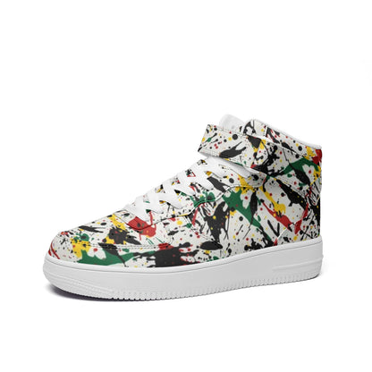 Paint Splatter Shoes Cheap for Men and Women, Rasta Colors Shoes For Sale, Rasta Colors Low Tops, Jamaica Colors Sneakers on a white background as a product image.