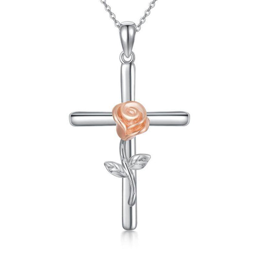 10K Real Gold Cross Rose Flower Necklace for Women