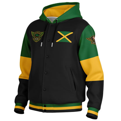 Jamaica Crest Lion Hooded Baseball Jacket