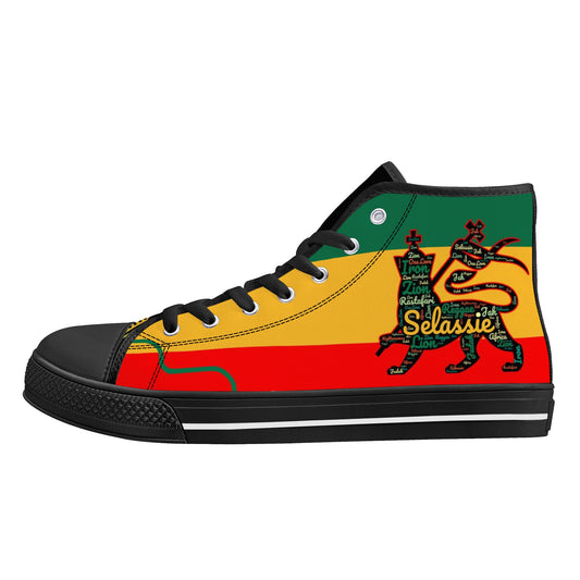 Rasta Shoes For Sale In Colors For Men and Women, Rasta Colors Low Tops, Jamaica Colors Sneakers, Red Green Yellow Rasta Stripes Shoes on a white background as a product image.